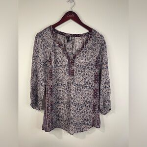 Maurices Womens Large Boho Paisley Floral Split Neck 3/4 Sleeve Blouse Burgundy
